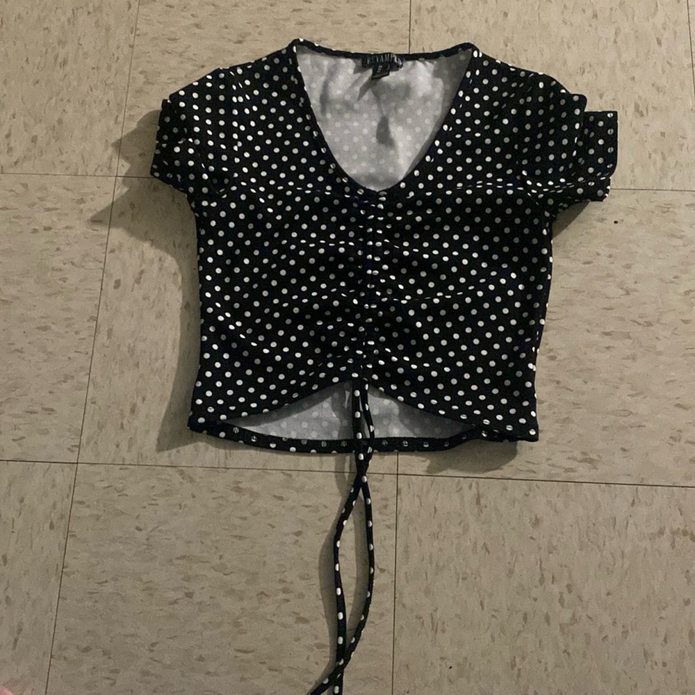 Black polkadot short crop top belly button length